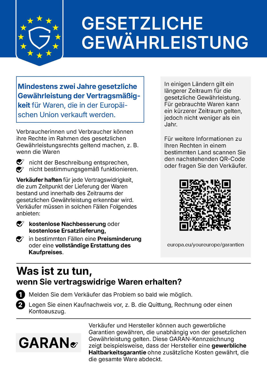 EU-Mitteilung über das gesetzliche Gewährleistungsrecht: Für in der Europäischen Union verkaufte Waren besteht eine gesetzliche Gewährleistung von mindestens zwei Jahren. Bei Vertragswidrigkeit bestehen Ansprüche auf kostenlose Nachbesserung oder Ersatzlieferung sowie unter bestimmten Voraussetzungen auf Preisminderung oder Erstattung.
